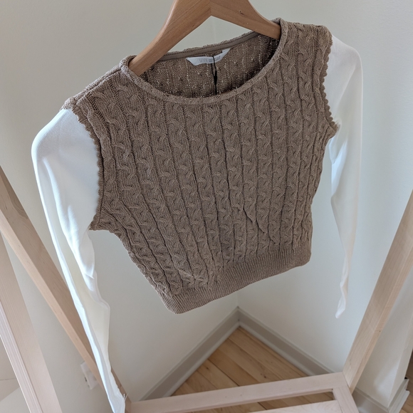 NWT Zara Contrast Cable Knit & Long Sleeve Cropped Two Piece Top In Tan - M - Picture 7 of 9